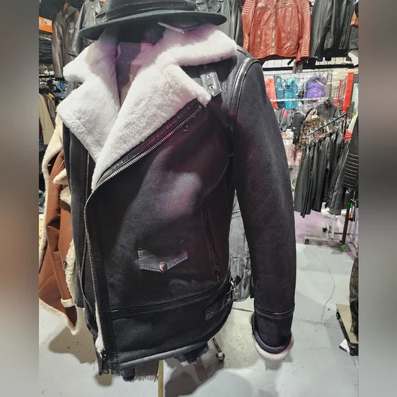 La CANADIENNE Black and White Military Field Jacket with Shearling Collar - Picture 2 of 4